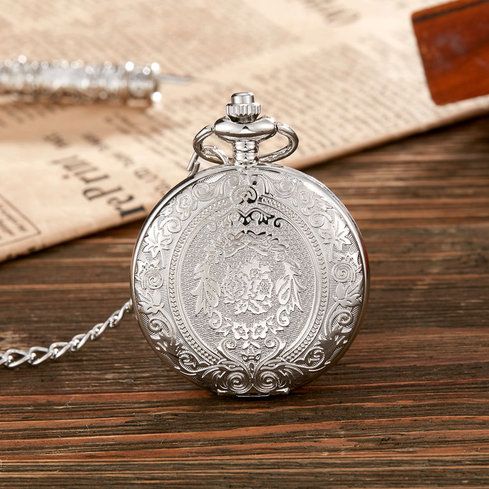 Relógio de bolso esqueleto vintage gravado com colar presente_voghion.com