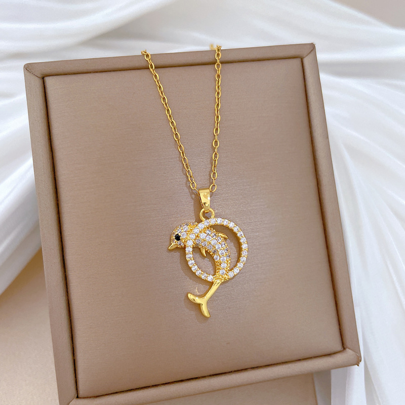 Titanium Steel Dolphin Necklace With Full Diamond Inlay Elegant_voghion.com