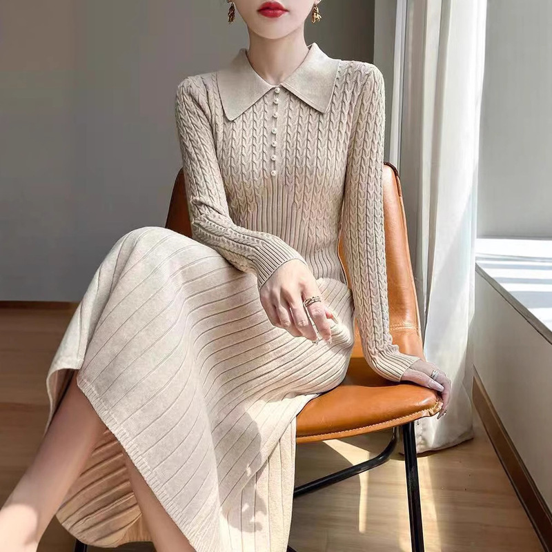 Puyuan High-Quality Multi-Color Knitted Dress, New Autumn and Winter Women's Fashion, Elegant Goddess Style Sweater, Long Core-Spun Yarn