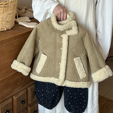 莱抱抱2025秋冬款韩系女童皮毛一体羊羔毛短外套加厚麂皮绒上衣