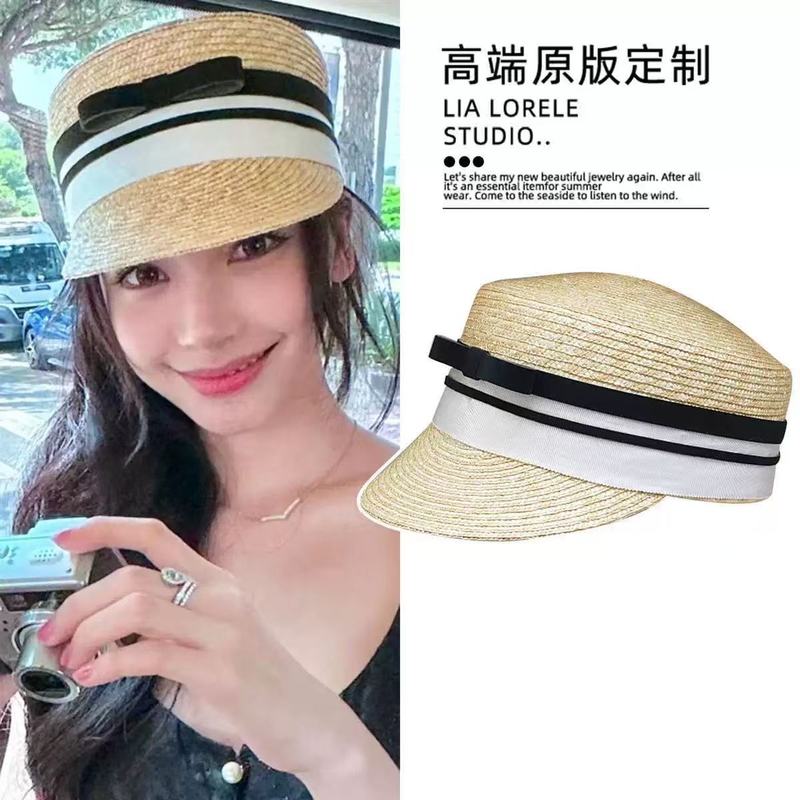 小香风麦秆编织蝴蝶结草帽女夏高级感度假遮阳帽复古草编马术帽子|undefined