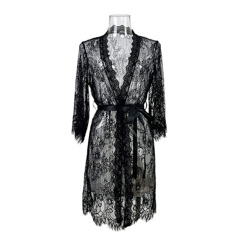 Lingerie Mesh Robe with Lace Edge Seductive Sheer Nightgown for Women to Wear Outside Home Clothing 308