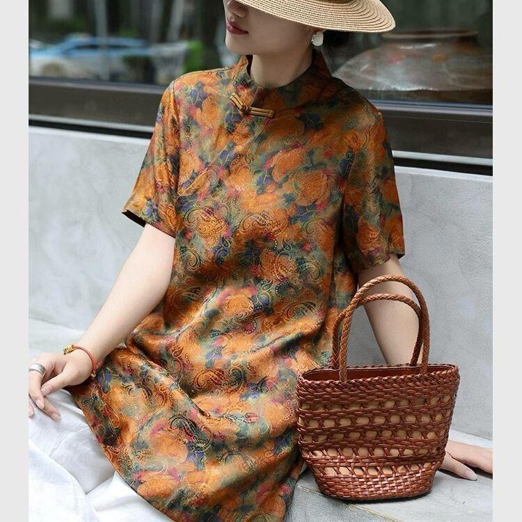 Summer Mid-Length Hem Slit Tang Suit New Chinese Style Orange Jacquard Short-Sleeved High-End Shirt Women's Top