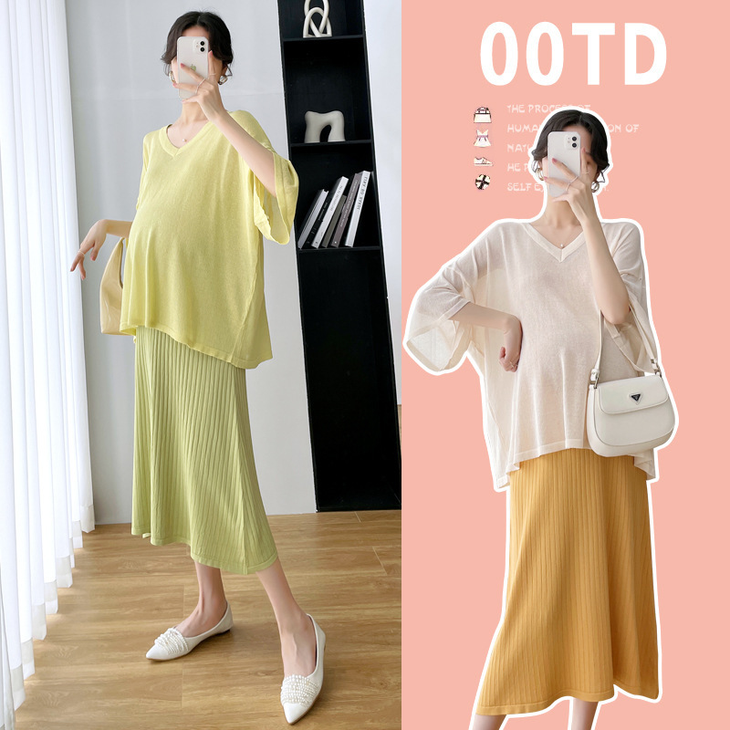 Maternity Dress Spring and Summer Ice Silk V-Neck Sunscreen Blouse Loose Sling Dress Suit Breastfeeding Large Size Suit