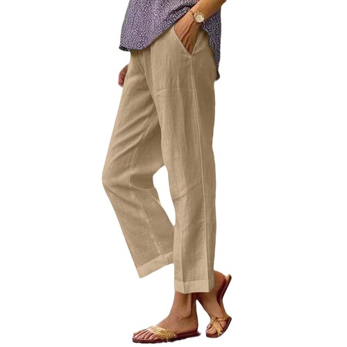 eBaywish Spring New Solid Color Cotton Linen Stretch Waist Loose Casual Wide Leg Pants for Women