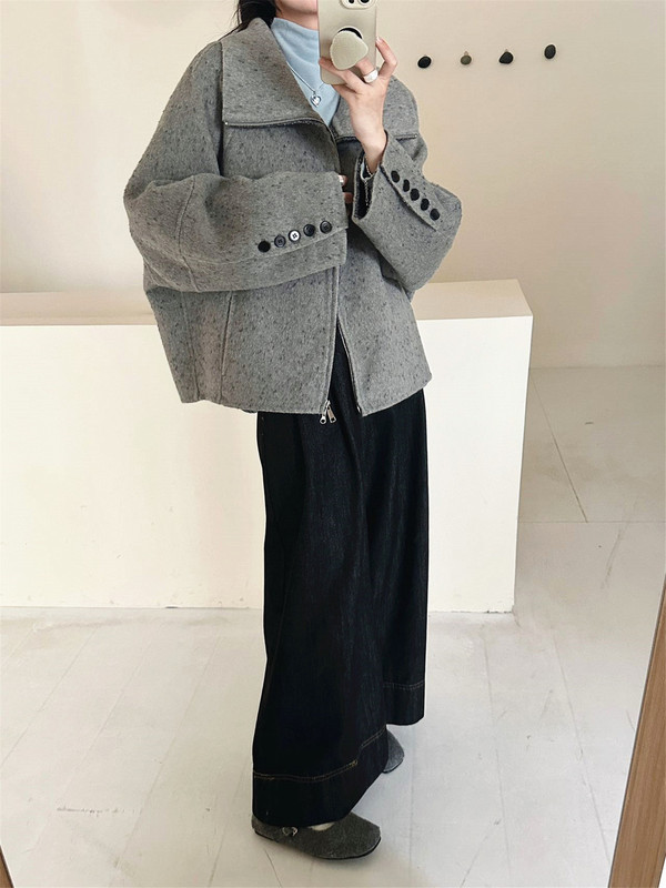 娃娃领拉链款双面羊绒大衣女韩版短款25年秋冬宽松夹克羊毛昵外套|undefined