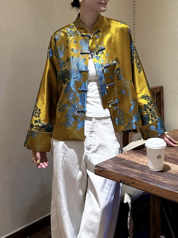 秋冬新品重磅桑蚕丝老缎新中式外套女国风玉石扣宽松经典贵气上衣|undefined