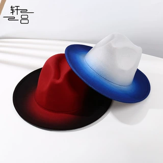 时尚渐变色爵士帽女 英伦复古双色平檐毛呢毡帽户外遮阳表演礼帽
