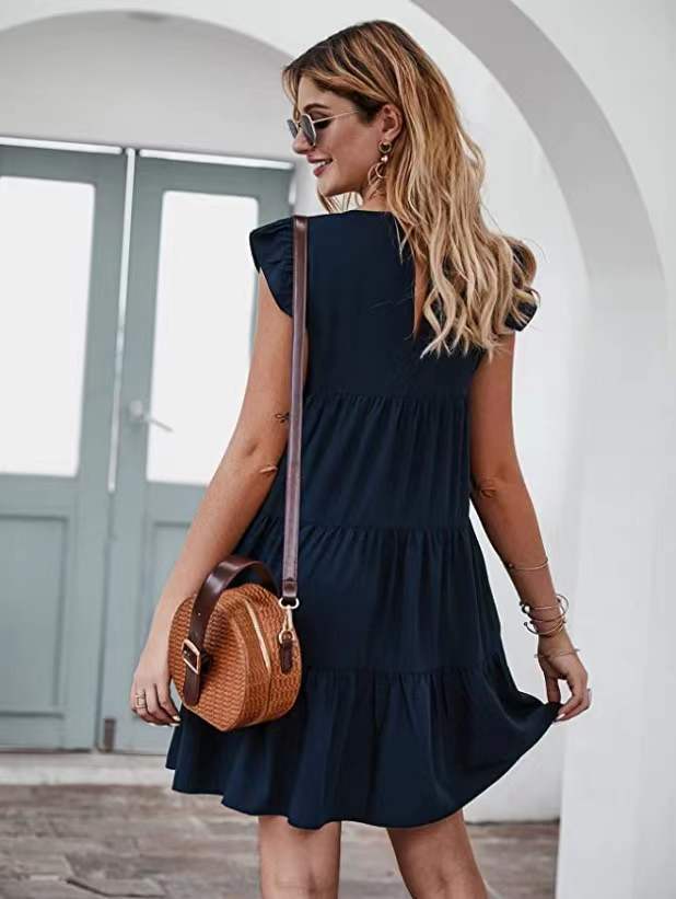 Solid Color round Neck Short Sleeves Tiered Dress in Dresses