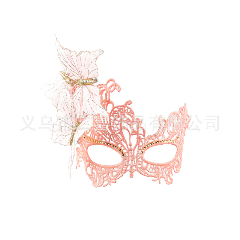 跨境新品万圣节蕾丝镶钻面具派对舞会蝴蝶可拆分雪芽色面具|undefined