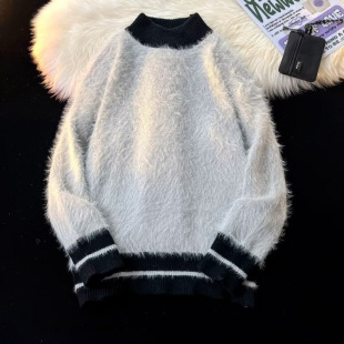 Mohair half turtleneck striped sweater for men in autumn and winter lazy retro round neck mink hair couple sweater for men