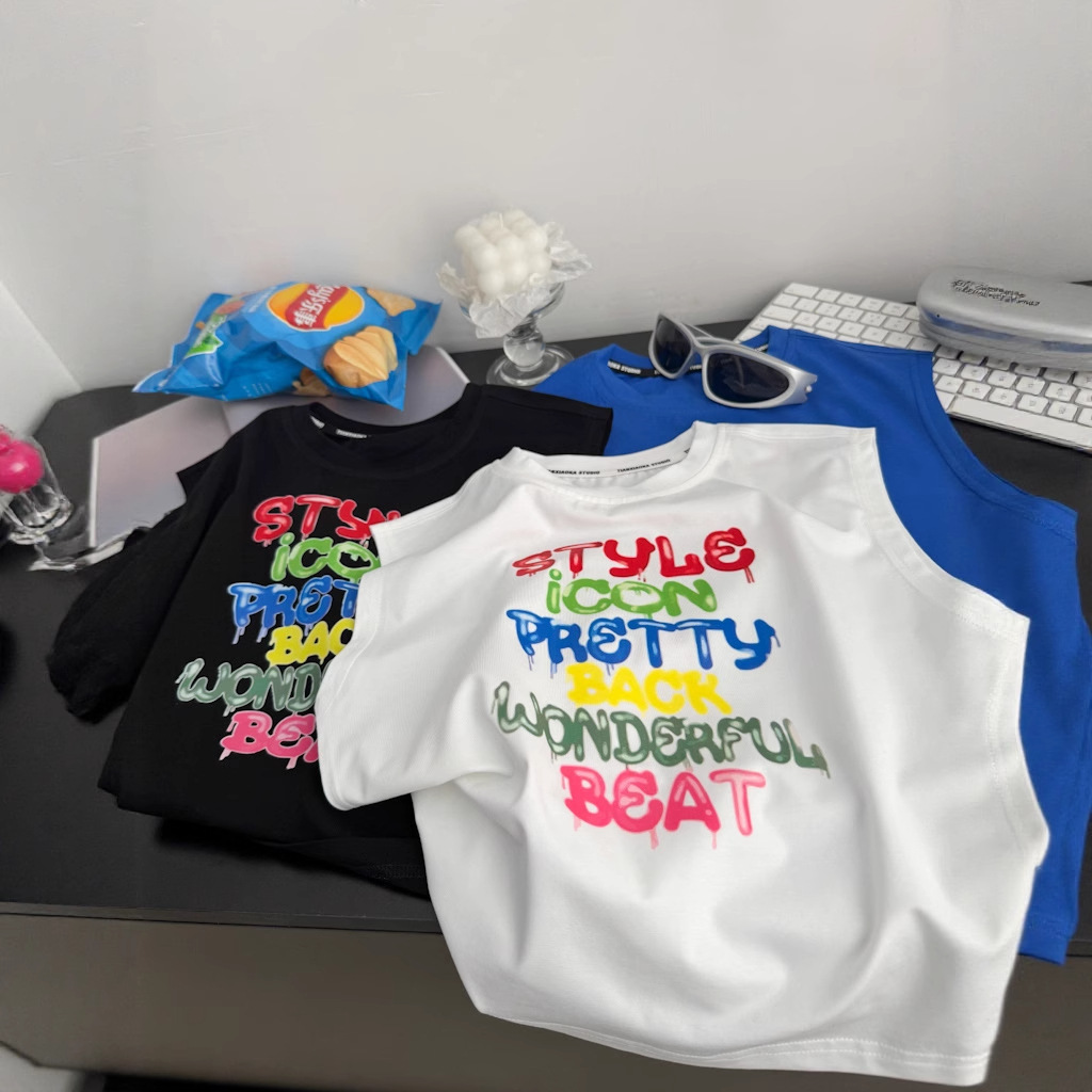 2025 Summer New Korean Style Colorful Letter Vest for Small and Medium-Sized Children, Boys' Loose Trendy Vest, Thin Breathable Sleeveless t