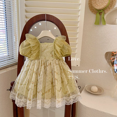 Little Girl Korean Style Chic Princess Dress 2023 Summer New Children Bubble Sleeve Fresh and Clean Floral Print Full Skirt Dress