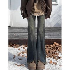 水泥灰毛边微喇牛仔裤女秋季新款大码胖mm高腰显瘦遮胯弹力喇叭裤