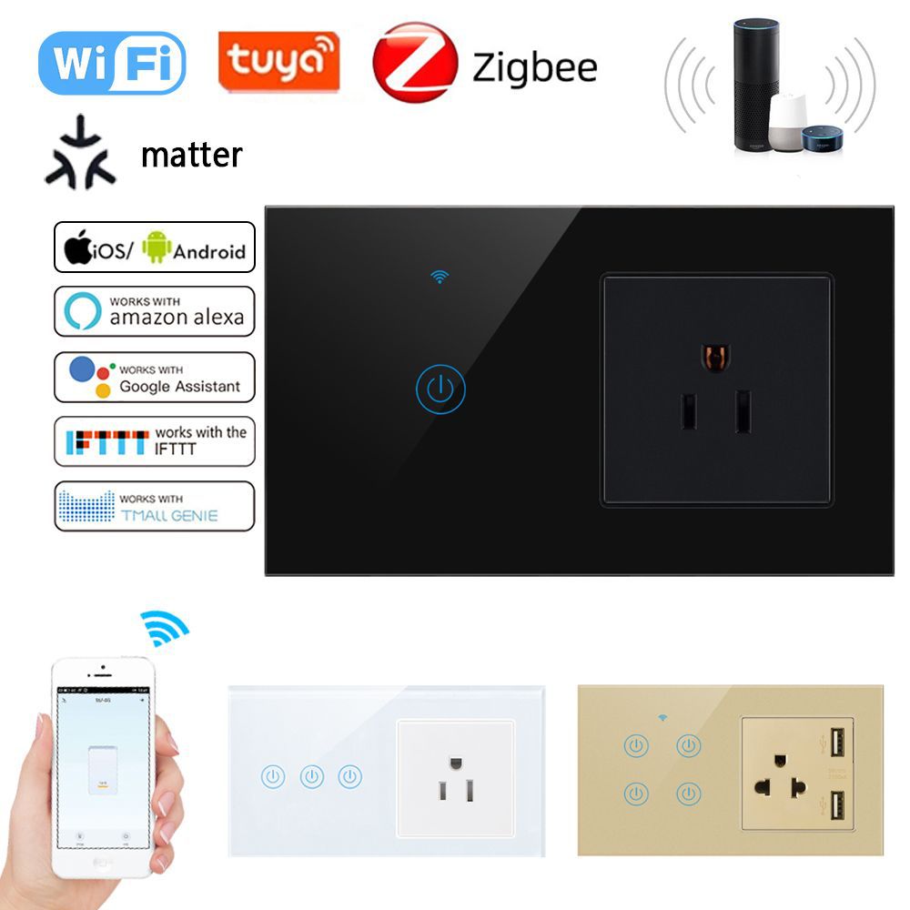 外贸涂鸦WiFi智能美式泰标USB开关插座146型玻璃触摸远程语音控制