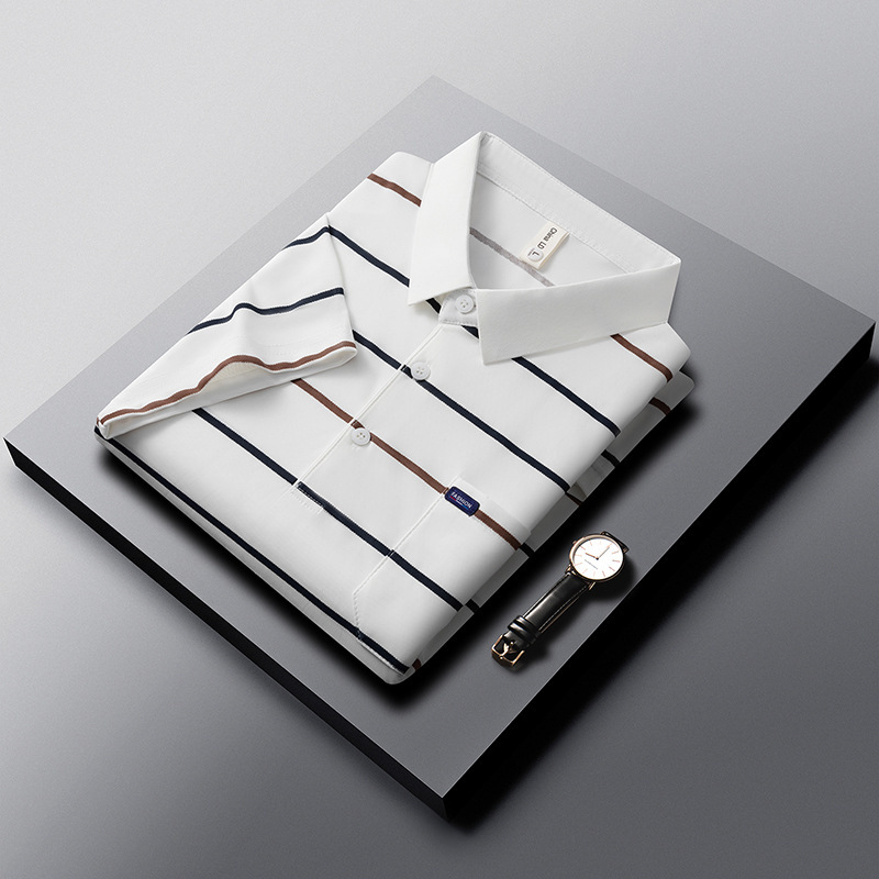 Summer nylon-spandex striped polo shirt for men, short-sleeved, business casual, classic turn-down collar T-shirt with real pockets, suitable for dads Summer nylon-spandex striped polo shirt for men, short-sleeved, business casual, classic turn-down collar T-shirt with real pockets, suitable for dads