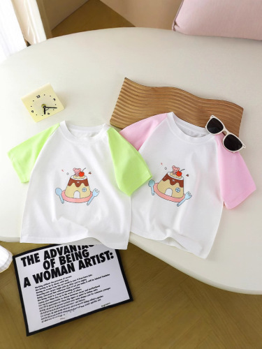 New Korean-style printed short-sleeve T-shirt for girls—summer, trendy, color-blocked, raglan-shoulder pullover—short-sleeve top for little girls