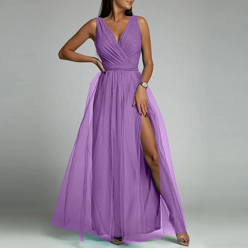 Foreign trade new evening dress lace dress fashion V-neck waist strap sexy sleeveless pleated floor-length dress