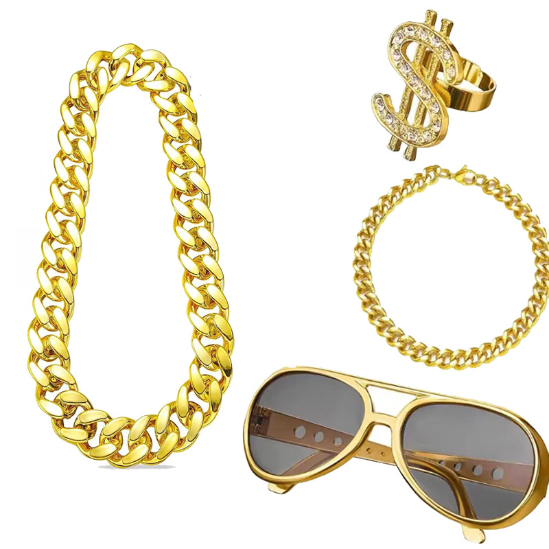 Stage performance Presley peluca vintage party Dress Up hombres de rock hip hop exagerado gran anillo la cadena oro traje