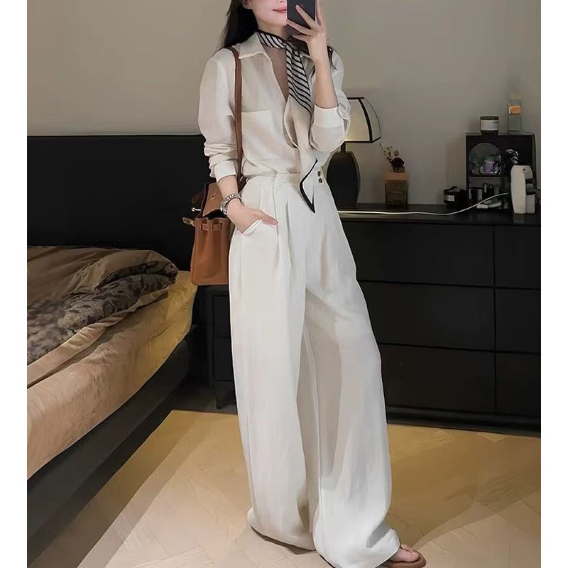 清冷松弛感穿搭套装女秋季小个子极简通勤防晒衬衫阔腿裤子两件套|undefined
