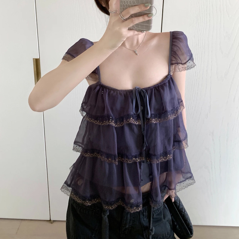 Pan Hailigan' Ruffled Lace Layered Flutter Sleeve Square Neck Camisole Women's 2026 Summer New Trendy Shirt