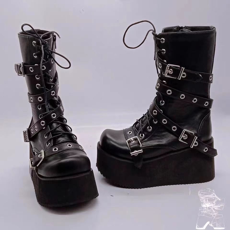 Botas cortas con plataforma y tira lateral con hebilla de cinturón punk para mujer, talla grande 43, botas de talla grande para mujer_voghion.com