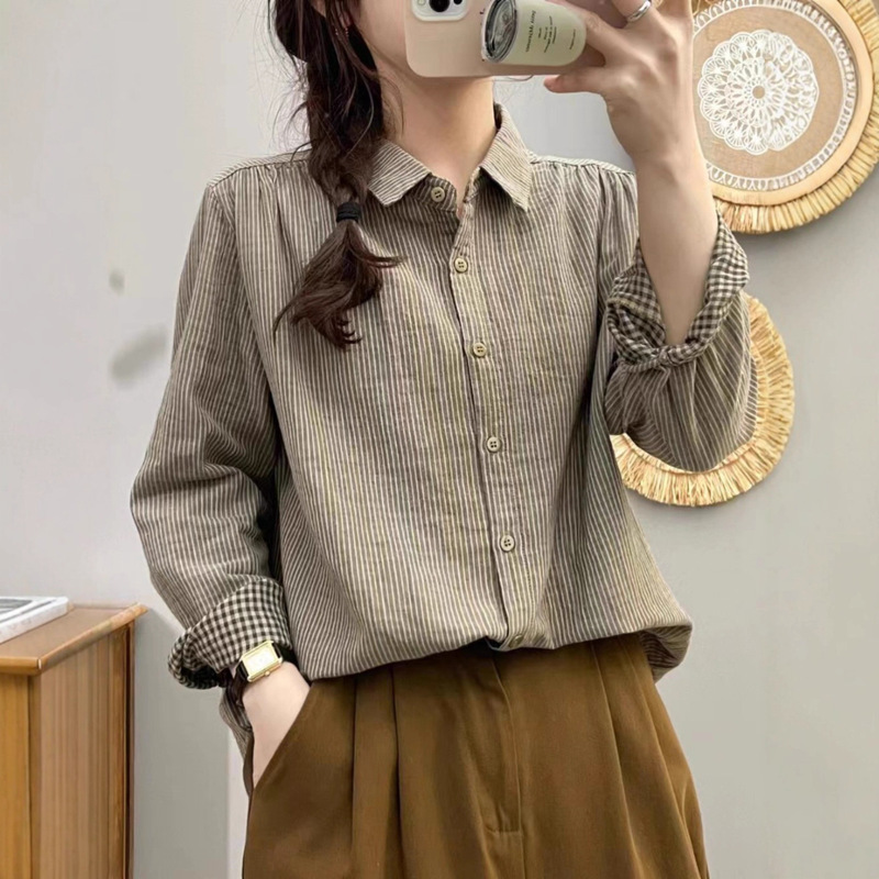Pure Cotton Vintage Striped Shirt for Women, Double-Layer Cotton Gauze Long-Sleeve Shirt, New Autumn and Winter Versatile Shirt