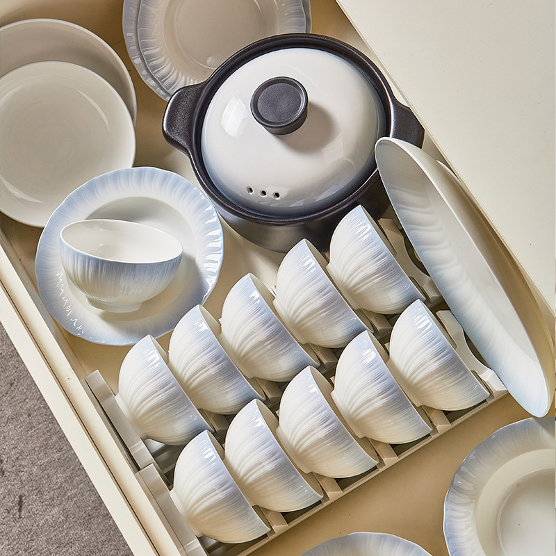 Underglaze color Nordic embossed non-slip household ceramic tableware set bowl noodle soup bowl fish plate free combination gift