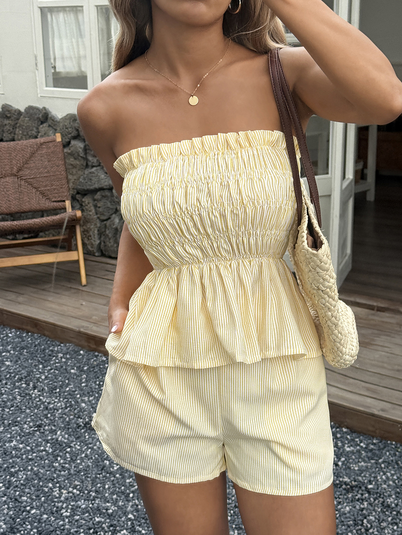 Strapless Ruffled Shorts Set For Women Casual Summer Two-piece_voghion.com