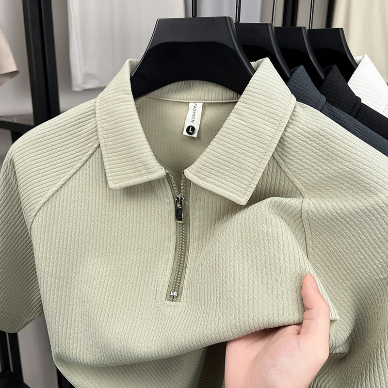 2026高品质短袖T恤男士翻领条纹半袖拉链青年打底衫男装短袖男t