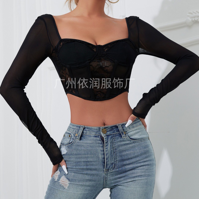 Ropa de estilo urbano para otoño e invierno, top de manga larga con cuello cuadrado, ajustado, de encaje y malla, estilo europeo y americano, sexy y a la moda. image 6