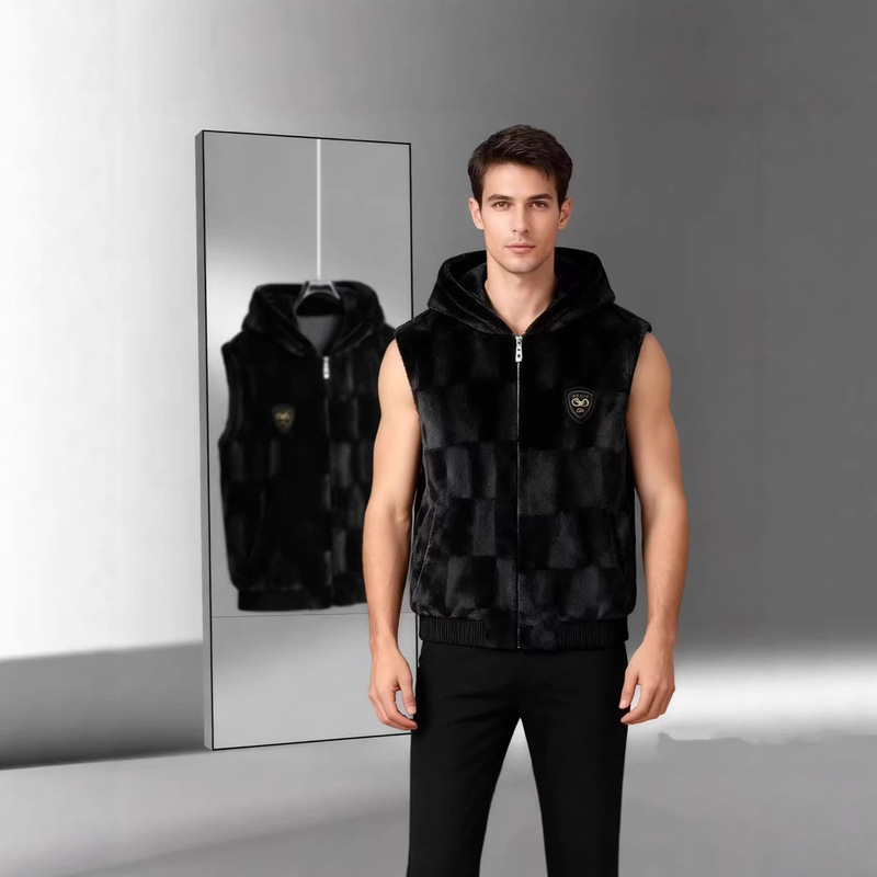 New Style Hooded Winter Men's Reversible Faux Mink Warm Vest with Thickened Stand Collar Casual Fur Coat