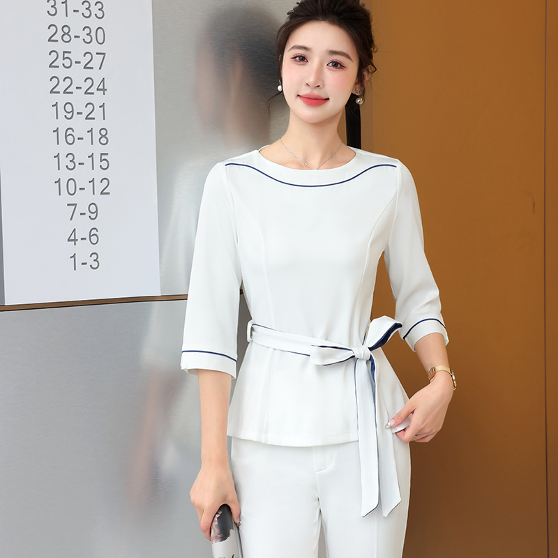 美容院足浴足疗技师工作服女中袖春秋季高端养生美容技师气质工衣