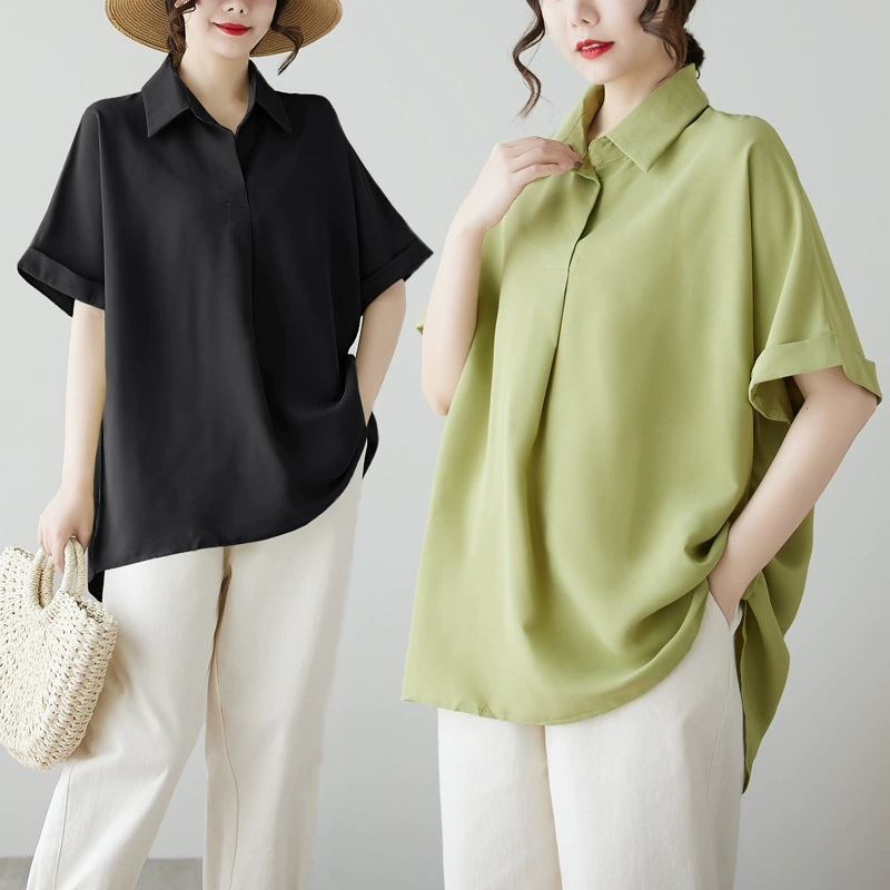 Реальный стоковый шот·повседневная и универсальная ленивая шифоновая рубашка с лацканами, свободный удобный топ большого размера с короткими рукавами для женщин