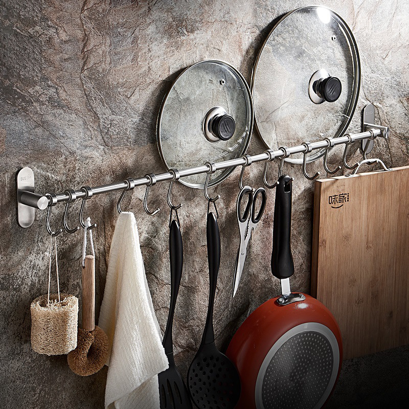 Kitchen hooks 304 stainless steel spoon hanger mobile hanging rack no drilling long rod single rod shelf