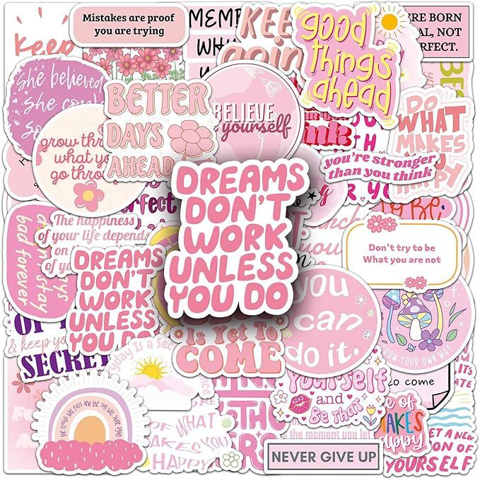 50 Pink Inspirational Stickers for Girls, Positive Quote Waterproof Vinyl Decal for Kids Adult Teenagers