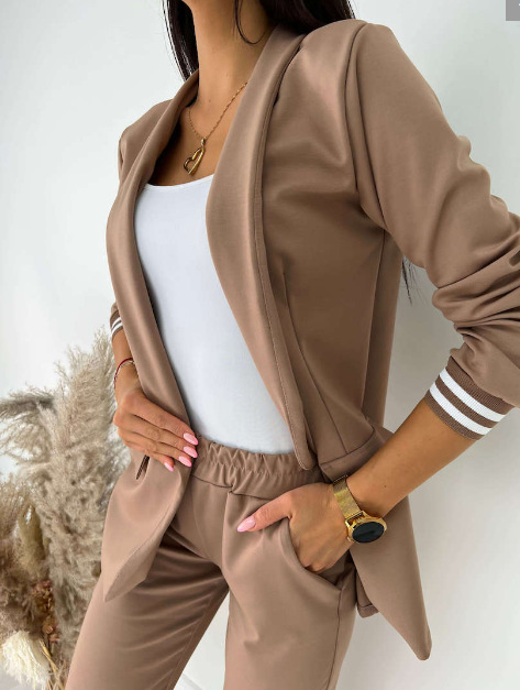 Women's clothing fashion suit casual solid color long-sleeved suit and trousers two-piece set_mkmklike.com