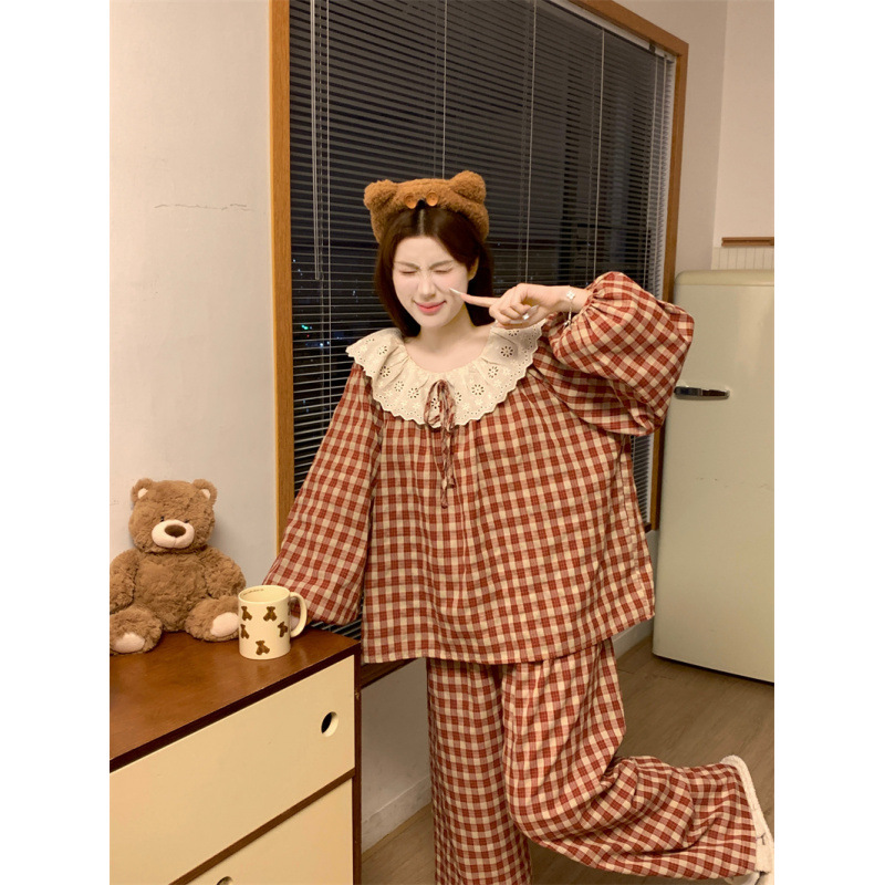2025 봄 신상 레드 플레드 라운드넥 레이스 긴팔 롱 팬츠 파자마 세트 여성