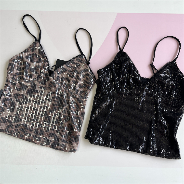 0317 Women's Sexy Versatile V-Neck Leopard Print Sequin Lace Patchwork Shiny Breathable Camisole