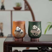 宜兴原矿粉浆双色紫砂全手工堆绘熊猫可爱精品主人杯禅意