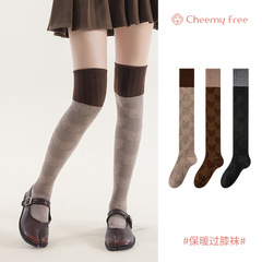 CHEEMY FREE 春と秋の韓国暖かいロングニーソックス冬ウール多用途コントラストカラーカーフパイルソックス女性用