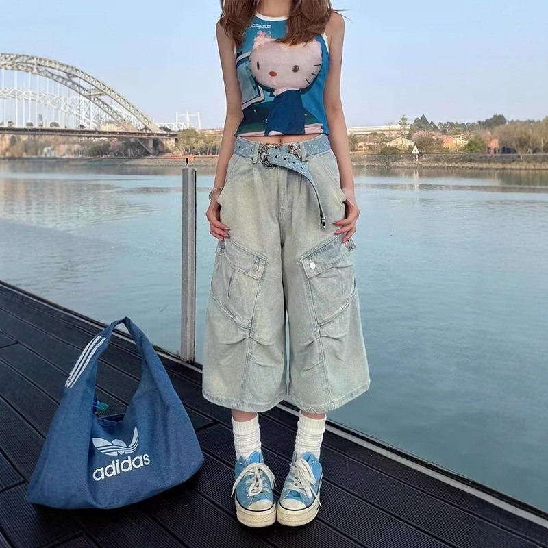 Plus-Size American Retro Washed Vintage Cropped Jeans Unisex Street Loose Pleated Multi-Pocket Cargo Shorts Plus-Size American Retro Washed Vintage Cropped Jeans Unisex Street Loose Pleated Multi-Pocket Cargo Shorts