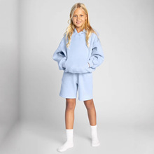 外贸欧美潮牌套装2025秋冬季男女大童连帽纯色长袖卫衣短裤两件套