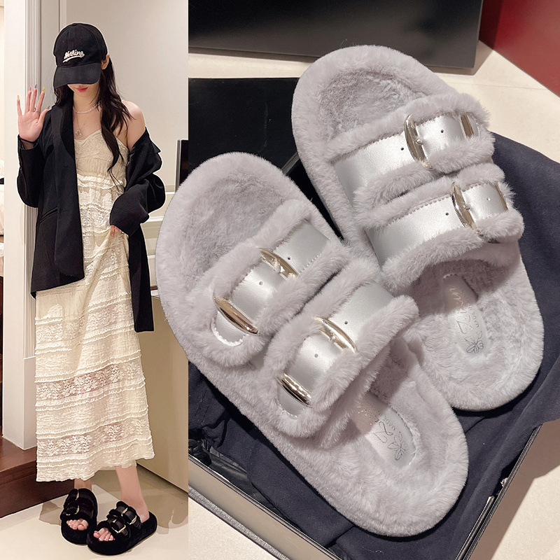 Moda de fondo grueso de hadas zapatillas de pelo de viento para mujeres otoño y invierno 2024 nuevo cinturón de barra paralela hebilla y zapatillas de algodón de tercife para mujeres