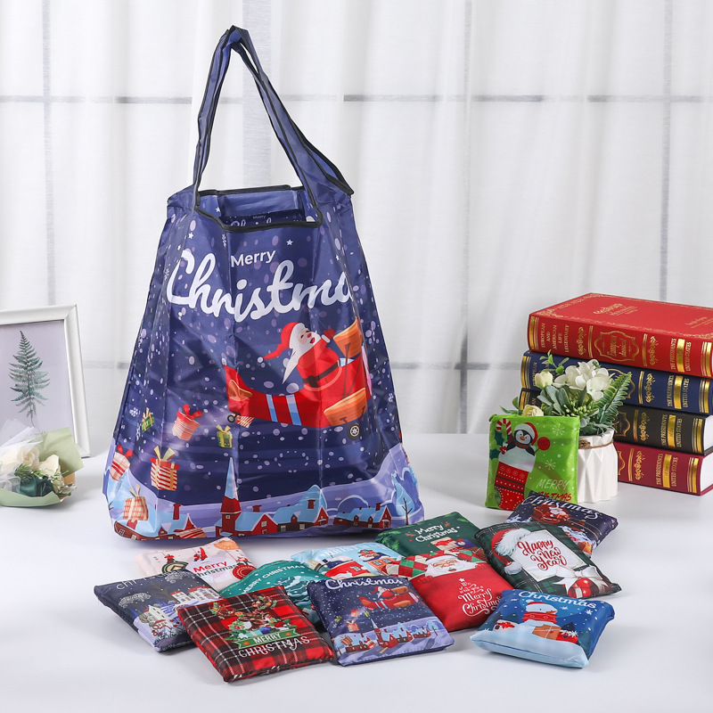 亚马逊跨境圣诞可折叠手提袋定制圣诞节礼物包装袋涤纶收纳购物袋