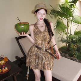 法式复古时尚豹纹气质短裙女夏季不规则纯欲风性感连衣裙扎染薄纱