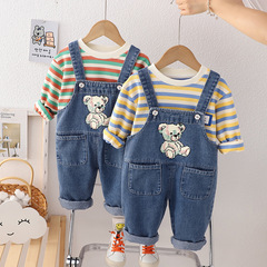 2024 Spring Boys' Baby Crew Neck Sweat Suit with Long Sleeve and Long Pants Two-Piece Striped Overalls Set