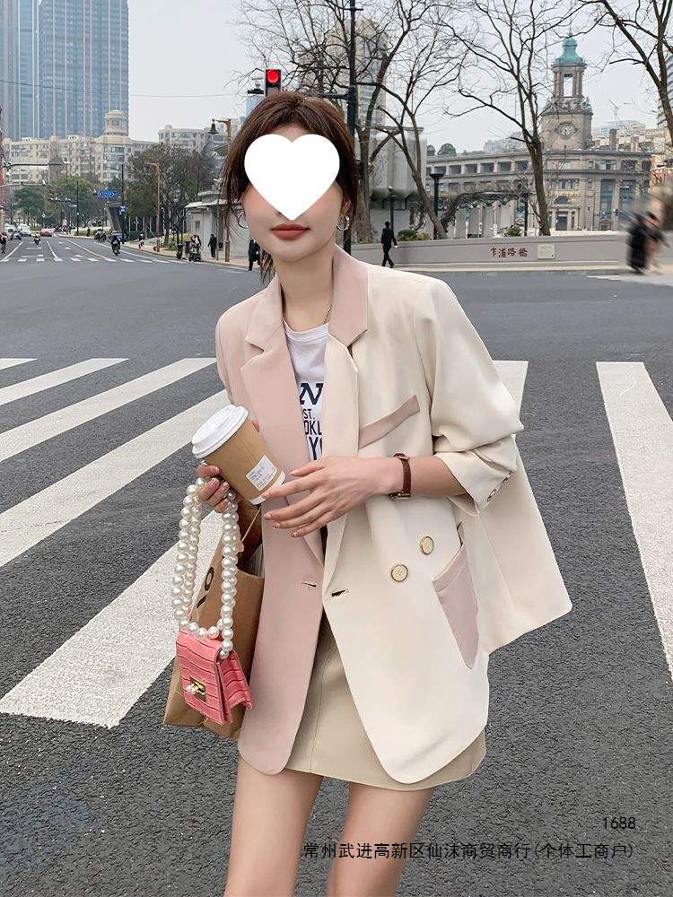 Niche design women's short blazer/jacket, 2026 spring/autumn new style, pink patchwork, eye-catching casual suit.