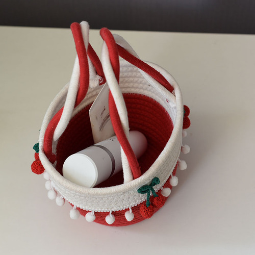 New straw woven bag, cherry woven bag, casual handbag, small fresh beach bag for girlfriend, cotton thread tassel basket