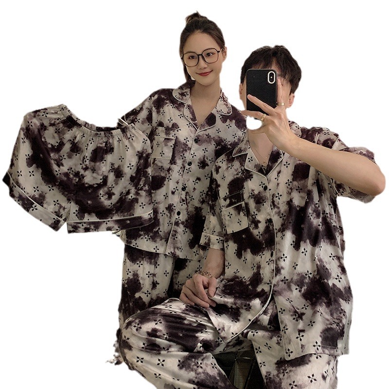 Primavera y verano pareja pijama seda hielo tres piezas set pantalones de mangas cortas de alta sensación graffiti ropa de verano para hombres y mujeres